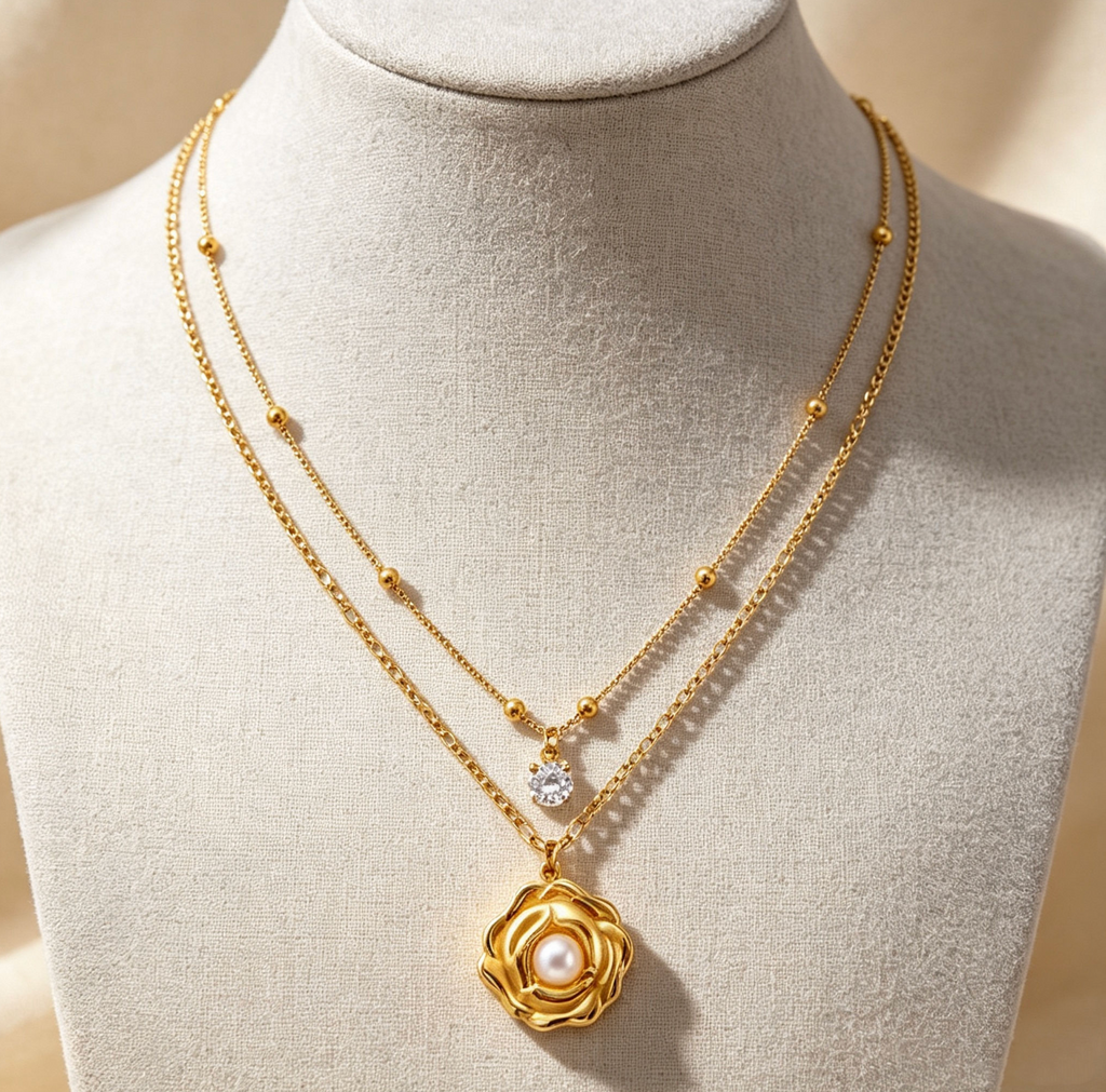 Double-Layer Rose Pearl Pendant Necklace