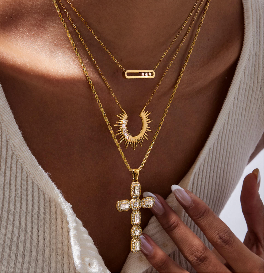 8K Gold Sunflower Zircon Pendant Necklace – Stainless Steel Hollow Sun & Cross Dainty Jewelry for Women