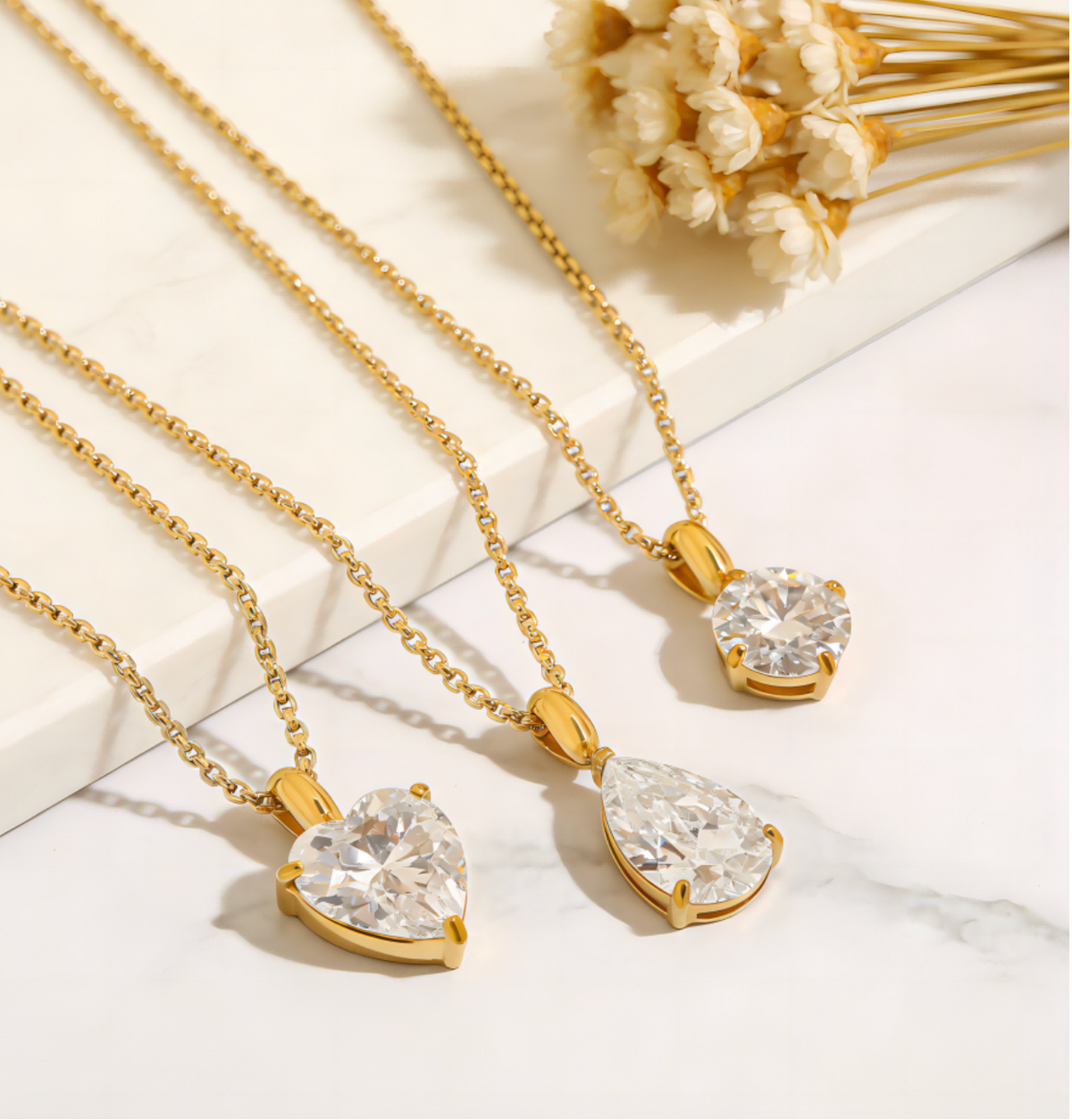 18K PVD Gold-Plated Stainless Steel Heart & Water Drop Zircon Necklace